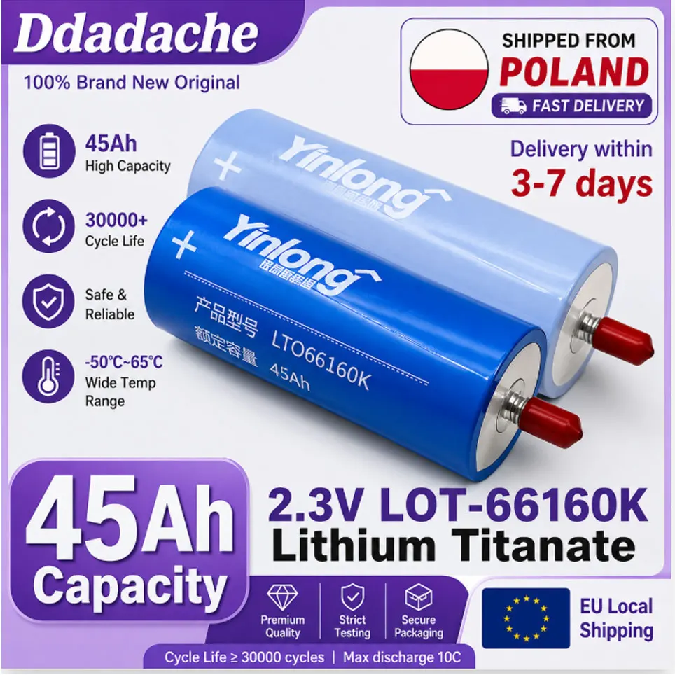 Batterie au lithium-titanate Yinlong LTO 66160K 2.3V 45Ah de qualité A, 100% originale, livraison rapide depuis l'entrepôt UE, durée de vie ultra longue, résistante aux basses températures, pour pack DIY 12V 24V 48V, yacht électrique, système solaire hors réseau, autoradio, stockage d'énergie, batterie d'alimentation.