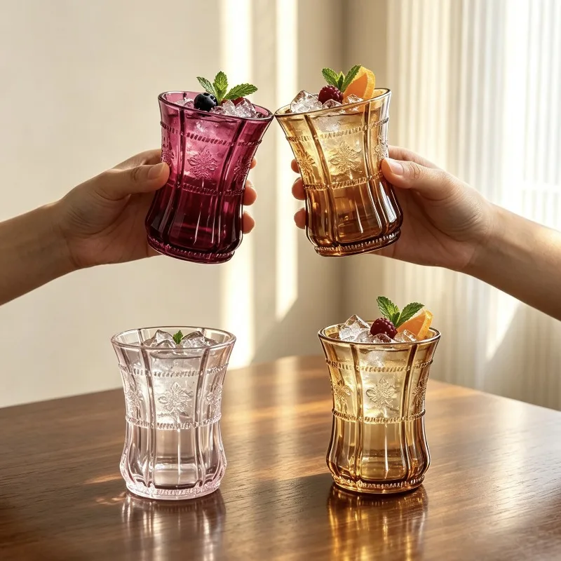 Premium Vintage French Embossed Petal Lace Rim Glass Cup 1Pc for Iced Americano Cold Brew Coffee Home Kitchen Dining