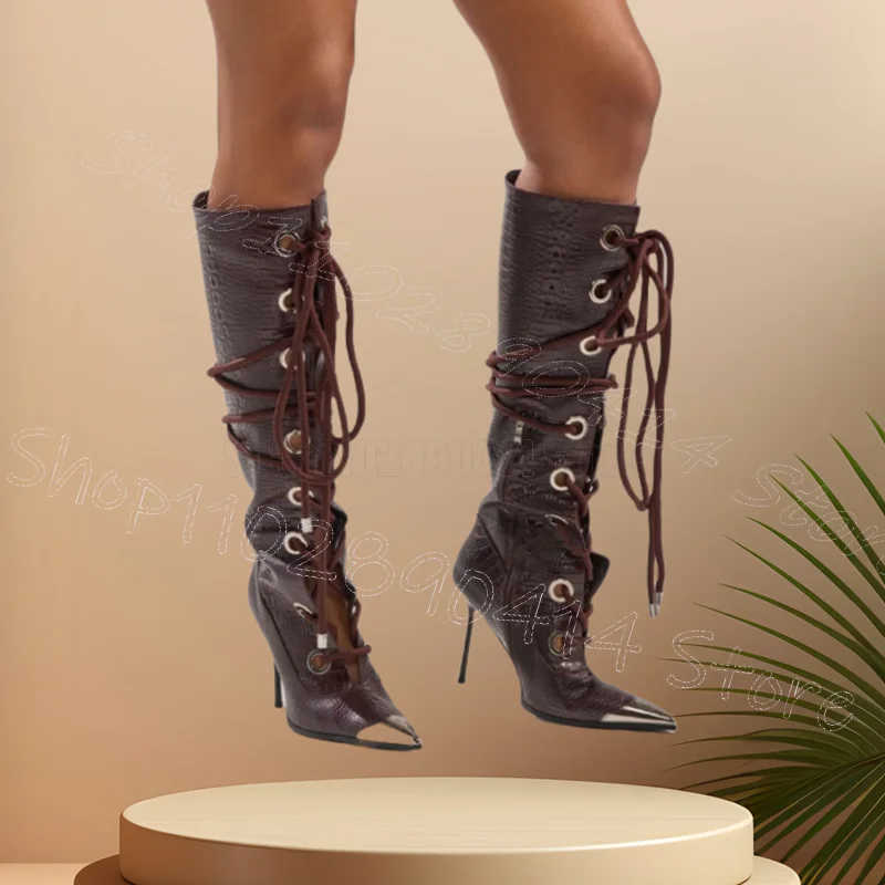 

Burgandy Alligator Print Strappy Pointed Toe Boots Side Zipper Women Shoes Thin High Heels Party Dating 2025 Zapatos Para Mujere