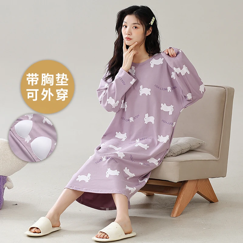 Spring and Autumn Women Long Sleeve Nightdress With Chest Pad Femme 100% Cotton Nightwear Casual Female Sleepdress