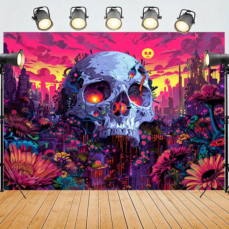 Vibrant Skull Cityscape Pop Art Tapestry Wall Hanging Bohemian Psychedelic Room Decor for Modern Loft
