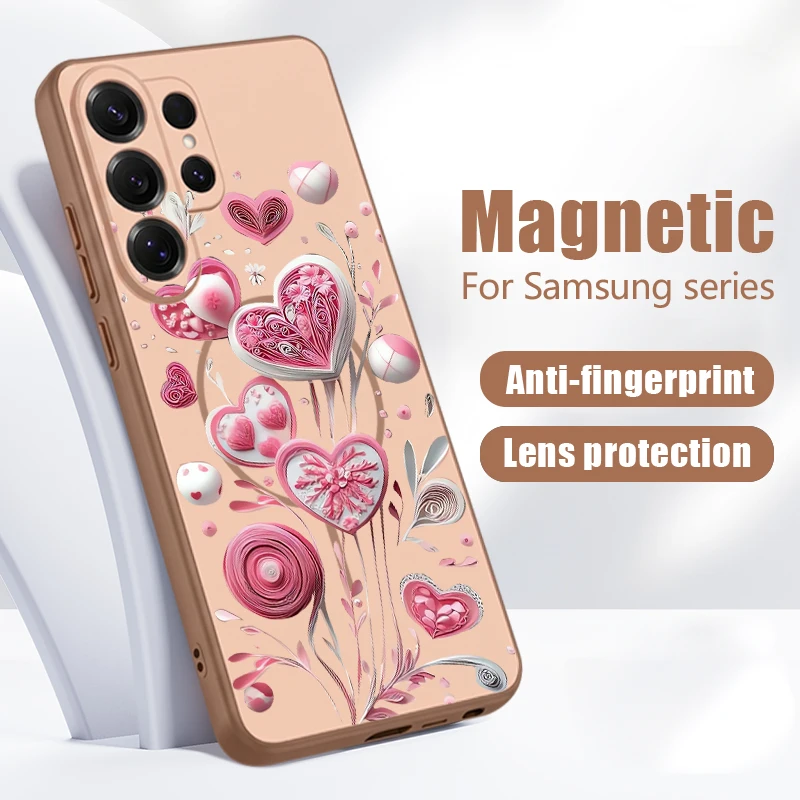Pink Love Hearts Magnetic Case For Samsung Galaxy S26 S25 Ultra S25 S24 S23 FE A57 A56 A37 A17 A55 A36 A15 A26 5G Phone Cover
