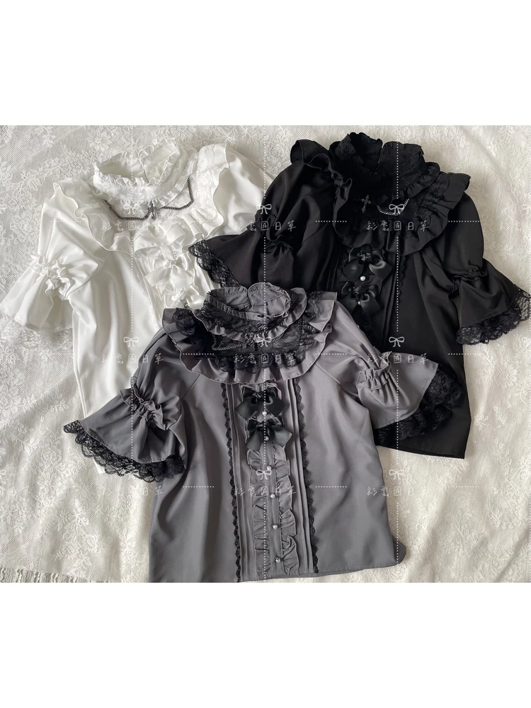 日本の鉱山スタイル量産ダークゴスブラウスレーススプライシング半袖リボンシングルブレスト甘い多用途シャツトップ女性
