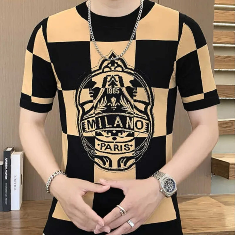 Men\'s Ice Silk T-shirt Trendy Social Club Outfits High Quality Knitted Letter Jacquard Breathable Harajuku Top Tee Shirt Homme