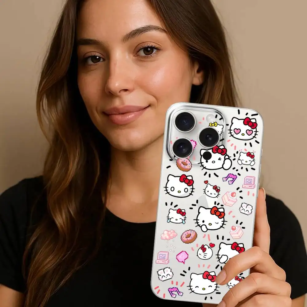حافظة هاتف H-Hello Kittys لهاتف آيفون 17 16 15 14 Plus 13 12 11 Pro Max غطاء خلفي شفاف مضاد للصدمات