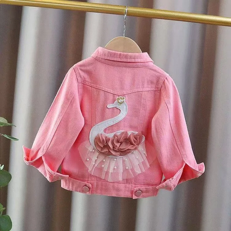 

Girls' Sweet Cartoon Denim Jacket Pink Single-Breasted Spring Autumn Children's Coat New Princess Collection
