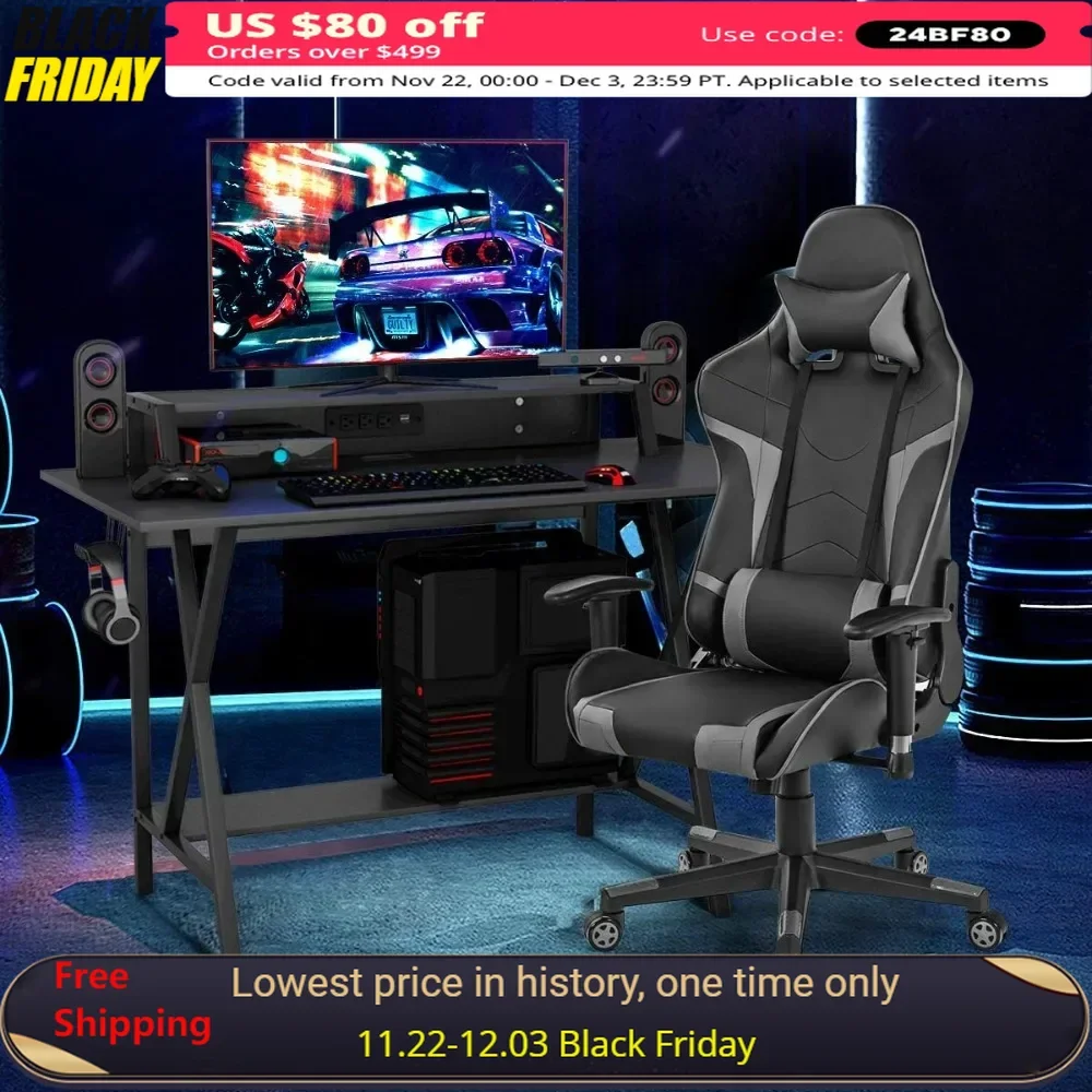 Gaming Desk & Chair Set, Ergonomic E-Sport Gamer Desk Chair W/Cup Holder, Monitor Stand, Earphone Hook, Computer Desk Chair Set