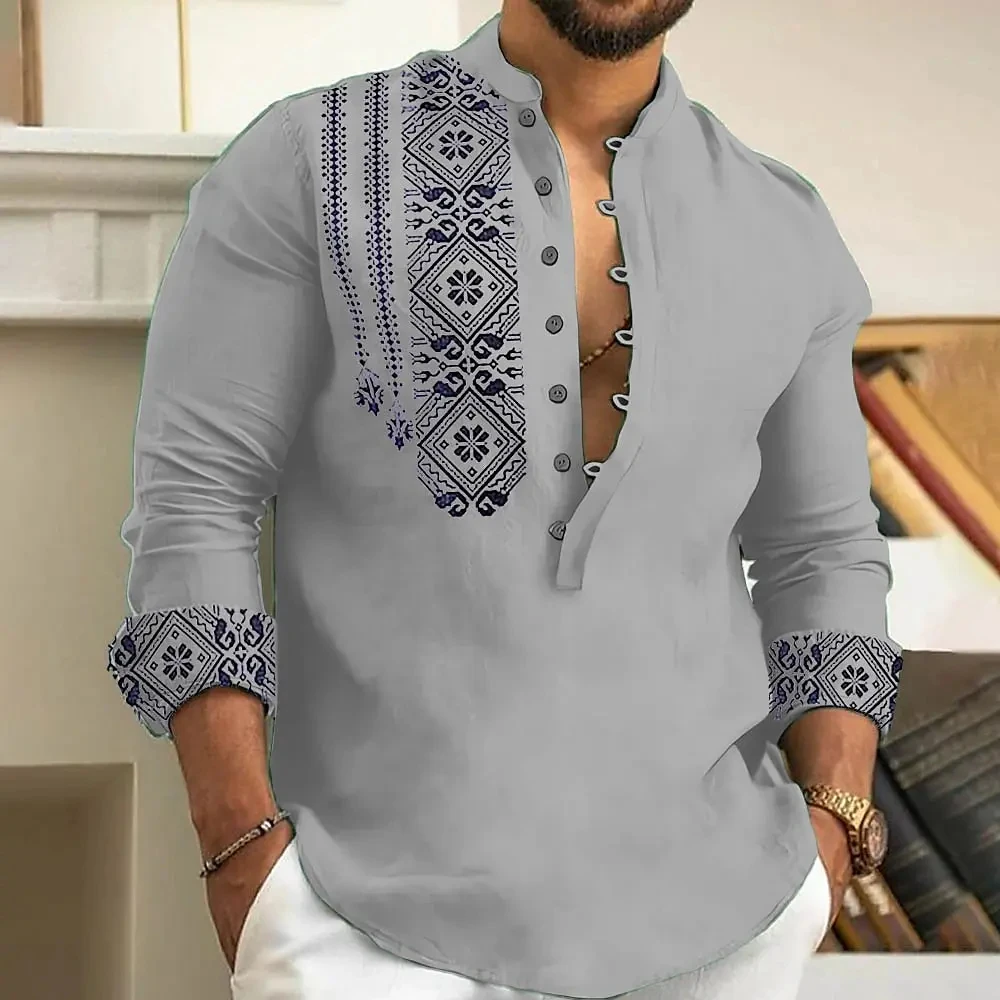 Men's Long-Sleeved Polo Shirt Linen Shirt Medieval Retro Comfortable Stand-Up Collar Men's Plus Size Top