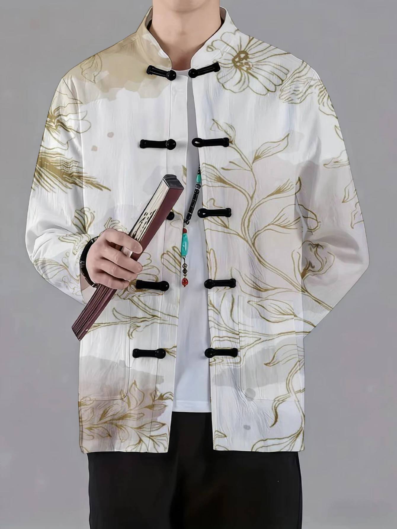 Men Mandarin Collar Frog Button Jacket Floral Celestial Art Print Traditional Outerwear - view 5