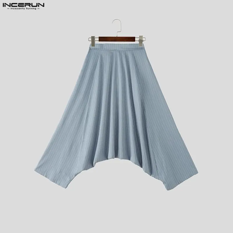 

INCERUN Men Striped Pants Elastic Waist Joggers Loose Drop-crotch Trousers Men Streetwear 2026 Pockets Fashion Wide Leg Pants