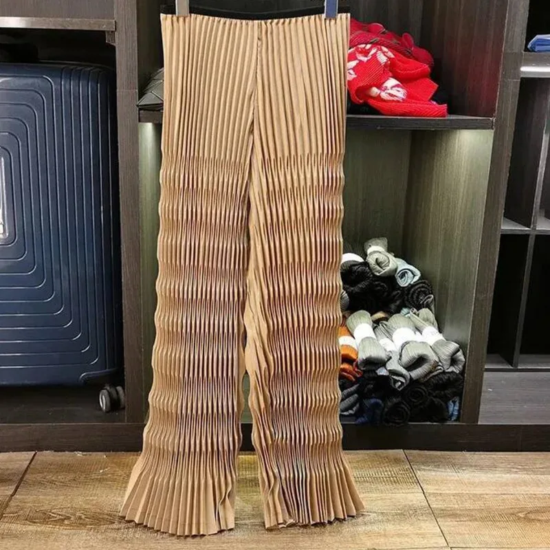 Einfache, hochwertige, khakifarbene, lange Damenhose mit Wellenmuster, Sommerhose mit elastischem Bund, lässige Hose mit geradem Bein 2QN14