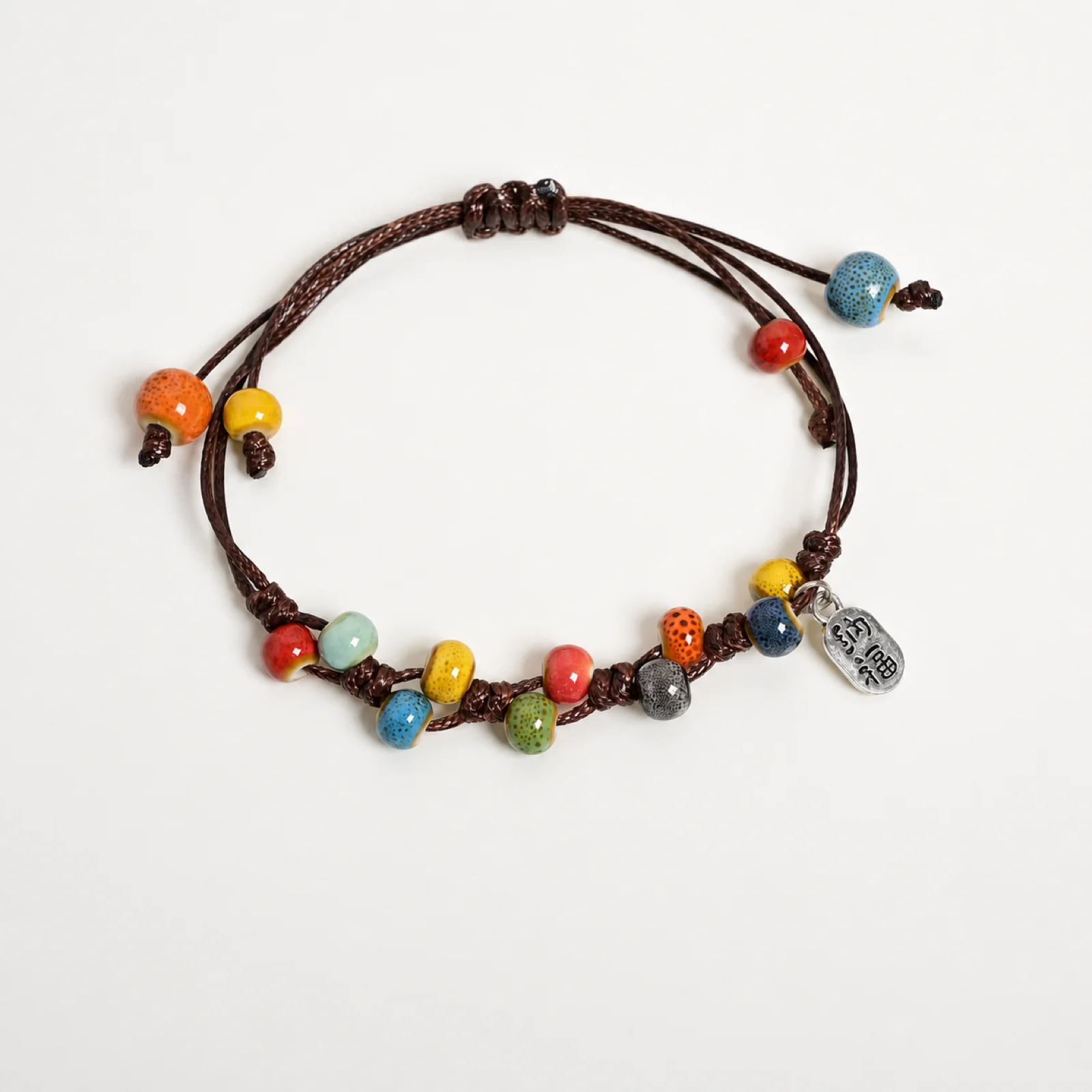 Handmade Ceramic Bead Bracelet Adjustable Waxed Cord Color Glaze Beads Handwoven Metal Accents Fu Character Charm 608P4-04