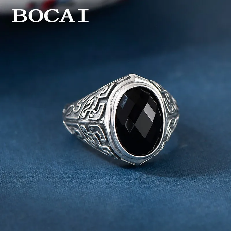 

Кольцо BOCAI S925 с серебряной огранкой и черным агатом для мужчин и женщин, персонализированные модные украшения в стиле ретро, подарок на праздник
