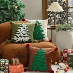 18x18inch Christmas Decoration Pillow Cover Velvet Embroidery Snow Tree Rustic Red Oliva Green White Soft Cushion Cover Pompom