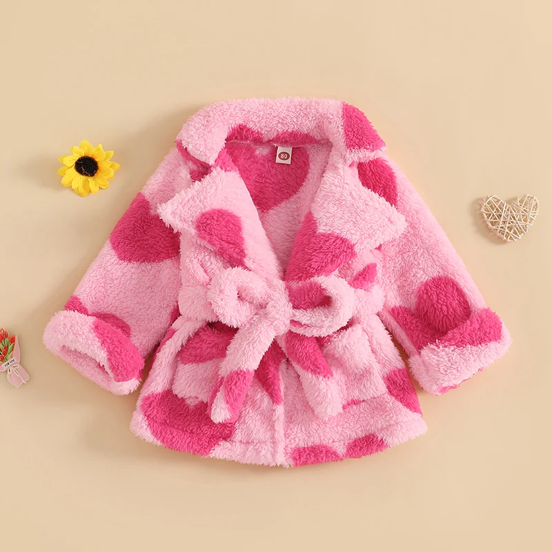 

0-3Years Baby Girls Bathrobe for Valentine's Day Heart Pattern Fuzzy Long Sleeve Wrap Tie Waist Kimono Robe Loungewear Pajamas