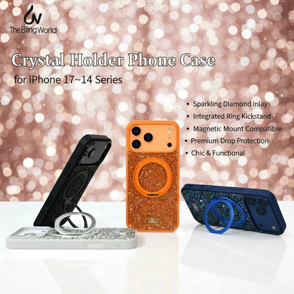 

The Bling World Luxury Glitter Crystal Case for iPhone 17 16 15 14 Pro Max Plus Magnetic Ring Holder Kickstand Shockproof Cover
