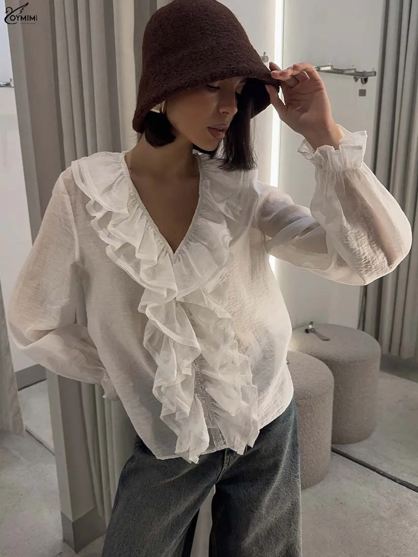 Oymimi Fashion White V-Neck Womens Blouses Elegant Ruffled Long Sleeve Translucent Blouses Autumn New Loose Solid Blouse Female
