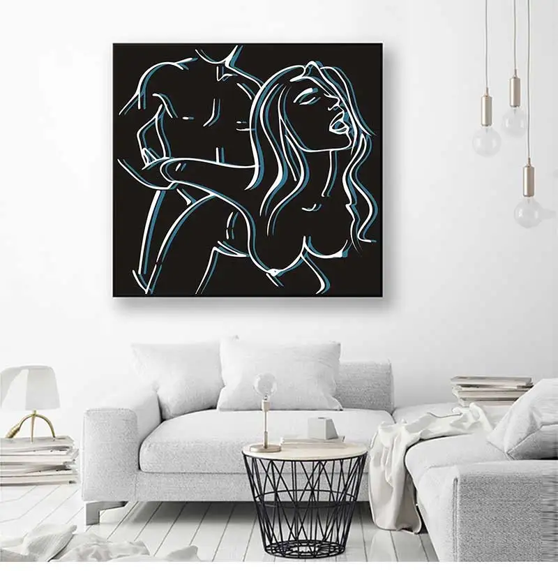 Modern Minimalist Wall Art Black and White Lines Nude Men and Women HD Canvas Oil Painting Posters and Prints Home Bedroom Decor