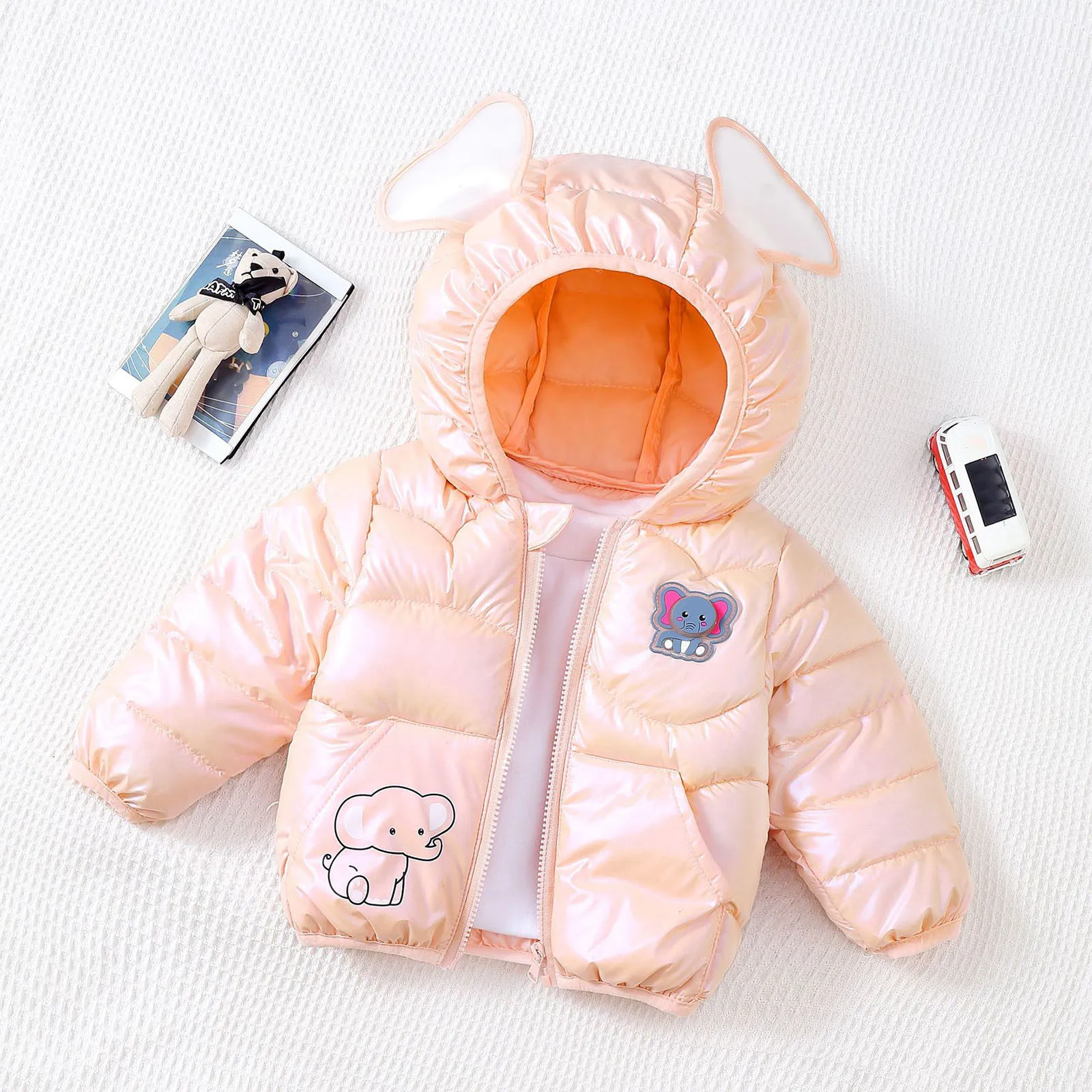 2024 Winter New Jacket Autumn Winter Cartoon Elephant Pattern Solid Color Hooded Down Cotton Outwear 2-6 Years Old Boys Girls