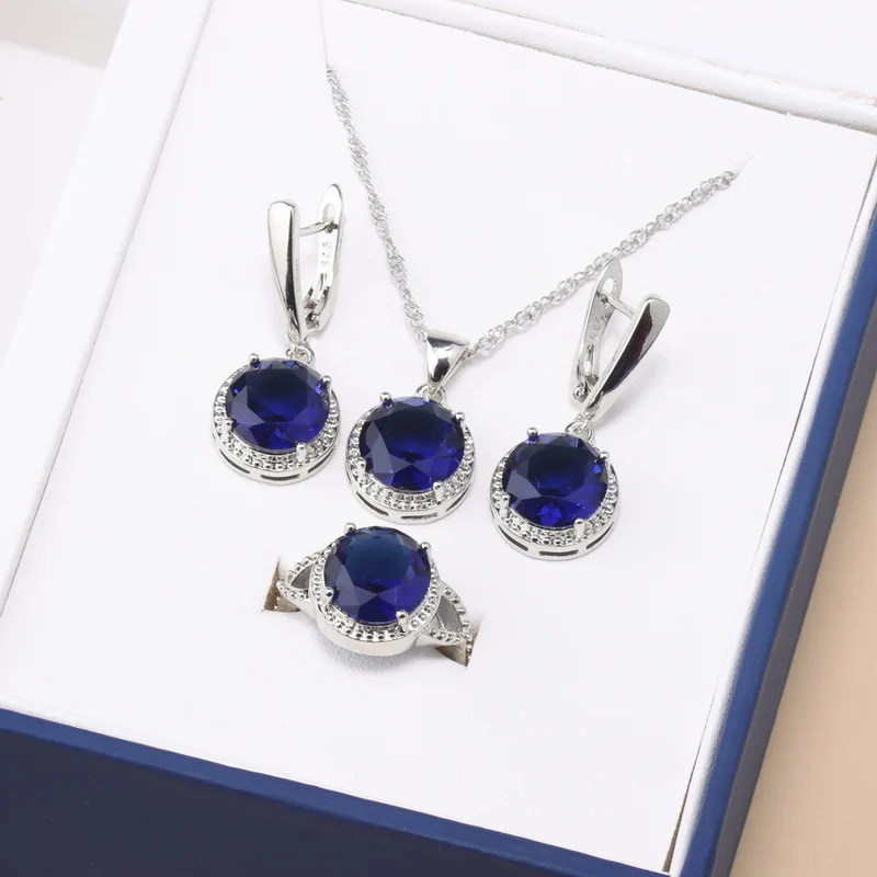 Elegant Women Wedding 925 Silver Bridal Jewelry Natural Crystal Earrings Necklace Pendant Open Ring 4-Piece Sets Gift