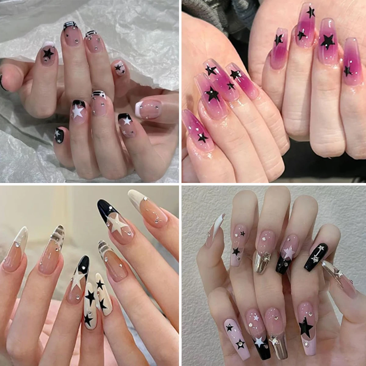 Autocollants pour ongles étoiles noires et blanches, 2 feuilles, motif étoile minimaliste, décalcomanies pour bricolage, décoration de manucure en Gel, Design d'ongles