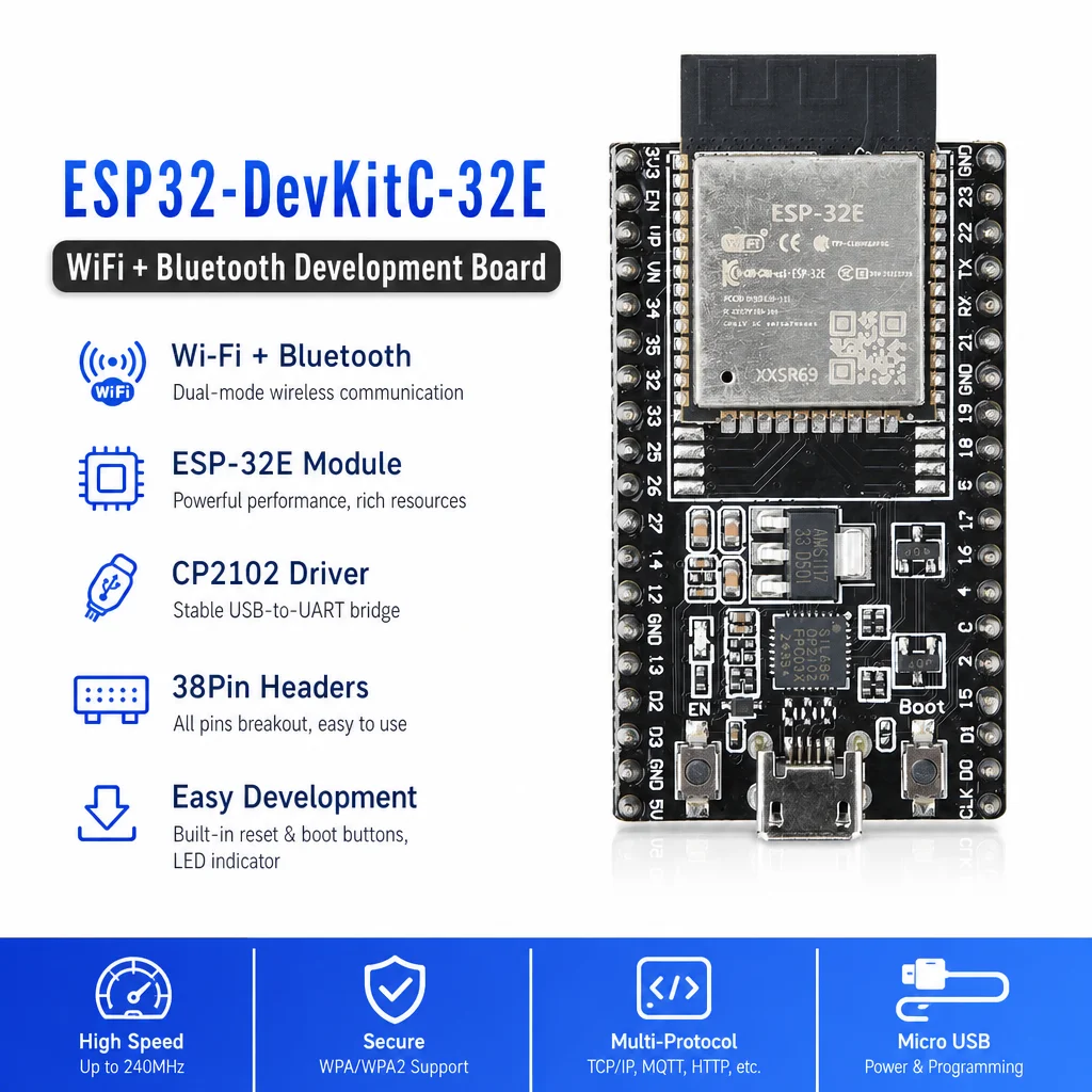 ESP32-DevKitC-32E Development Board with WiFi Bluetooth 4MB Flash CP2102 Driver Micro USB Interface 38Pin welded for IoT Project