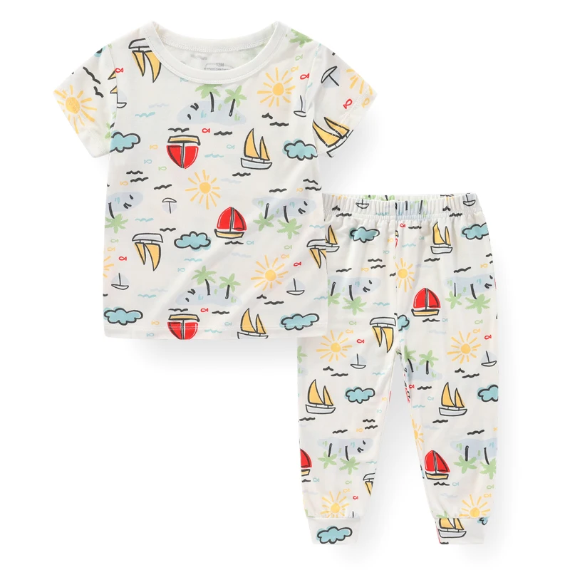 kiddiezoom 2Pcs Summer Unisex Kids Cotton Pajama Set Multi Cartoon Print Elastic Waist Toddler Sleepwear