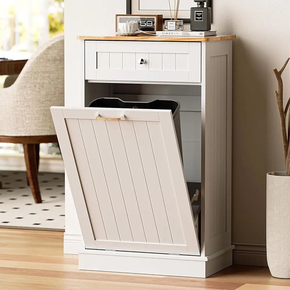 

13-галлонный деревянный отдельно стоящий шкаф для мусора с выдвижным ящиком, контролем запаха, корзиной для белья, для кухни и ванной комнаты, белый