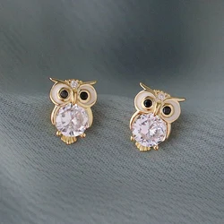 Huitan Gold Color Owl Stud Earrings Funny Cute Night Owl Earrings Women for Dance Party Cute Gift Luxury CZ Ear Jewelry