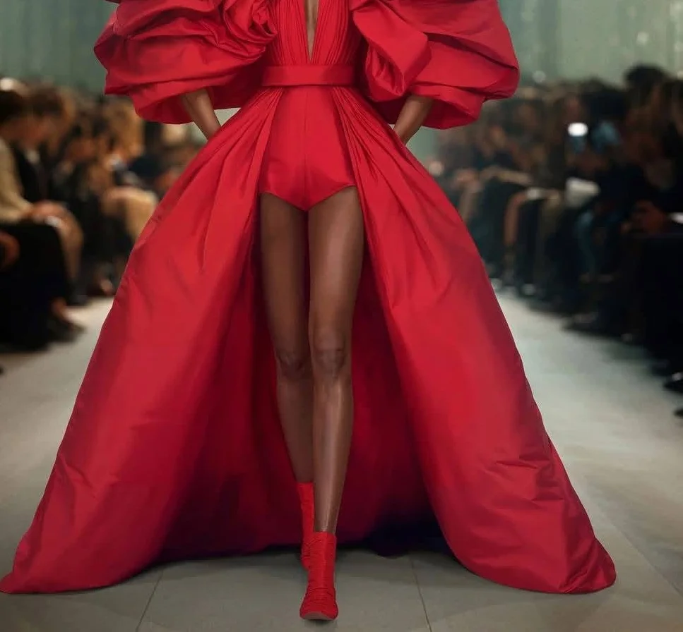 2025 Vestidos de fiesta rojos de una línea Mangas largas Hi-Lo Satén Profundo cuello en V Vestidos de fiesta formales de noche Vestidos de cumpleaños ZJ564