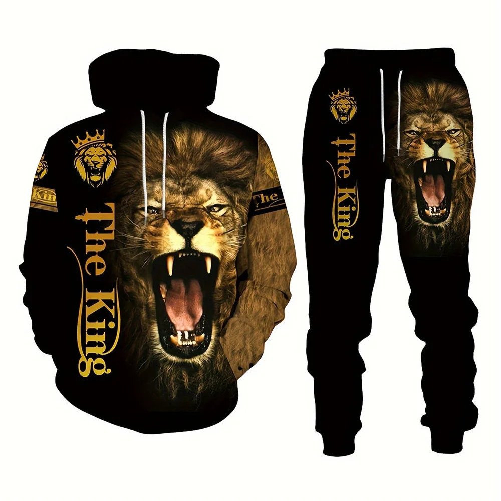 Ensemble sweat-shirt à capuche et pantalon de survêtement pour hommes, imprimé tigre animal 3D, vêtements pour hommes, grande ta