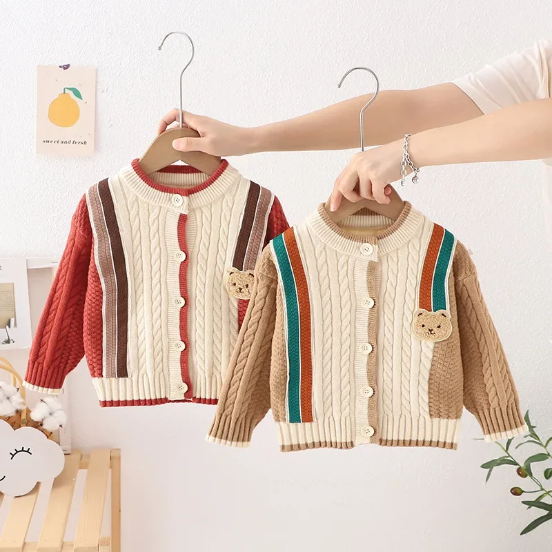 

Hot Autumn Winter Streetwear Boys New Stripes Sweater Loose Versatile Cardigan for Kids Boy Cartoon Bear Children Jacket GY10081