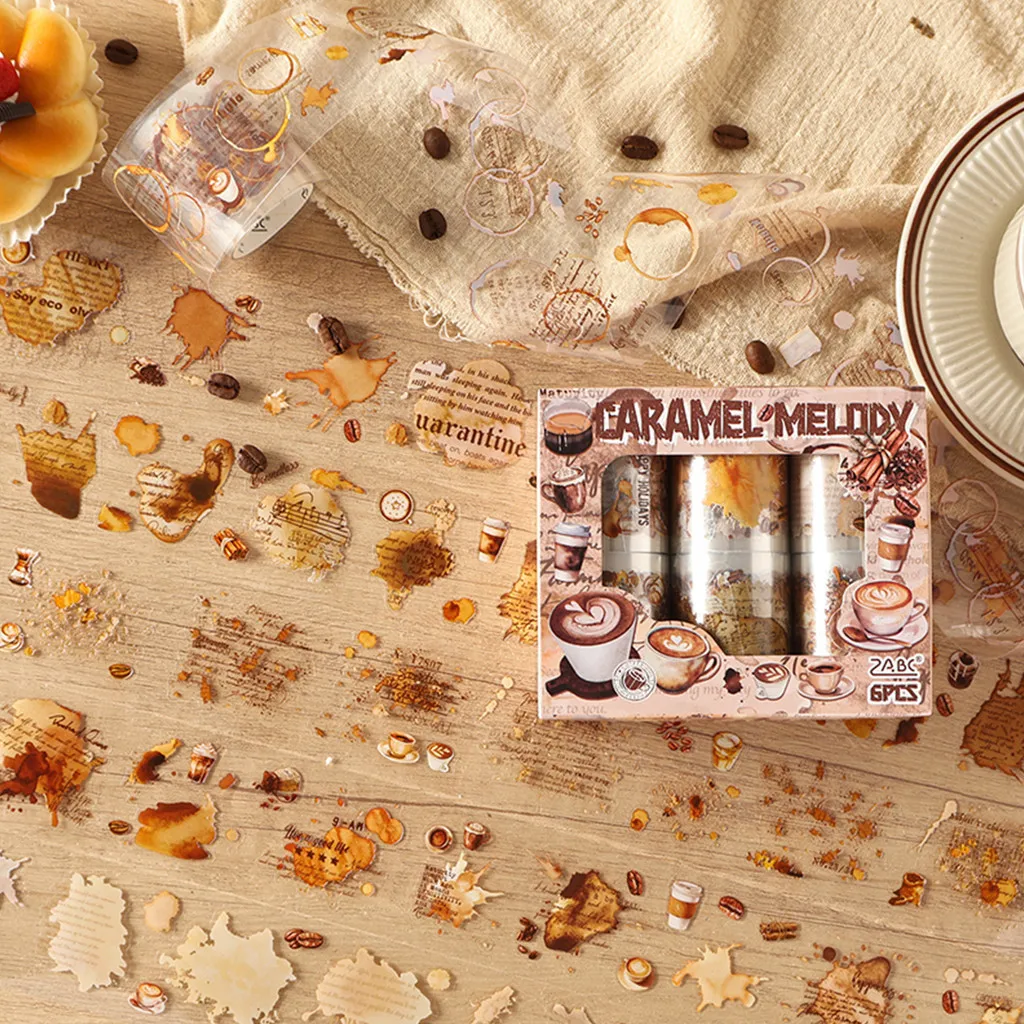 

6rolls PET Coffee Tape Stickers Die-cut Tape Scrapbooking Supplies for Card Making Scrapbook Materials Craft Daily Planner