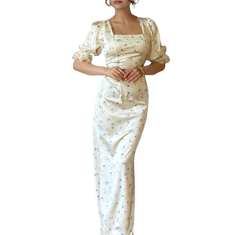 ABRT-여성 캐주얼 여름 스퀘어 넥 퍼프 슬리브 드레스 Boho 꽃 프린트 롱 드레스