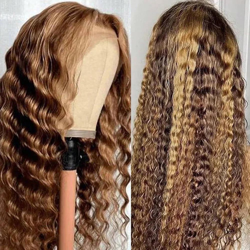 13x4 Colored Highlighted Curly Human Hair Wig for Women Glueless HD Deep Wave 4/27 PrePlucked Lace Front Wig