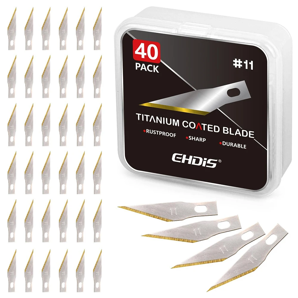 

EHDIS 40pcs/Pack Titanium Coated Hobby Knife Blades #11 Precious Art Knife Cutting Blade Refill Car Wrap Film Cutter Replacement