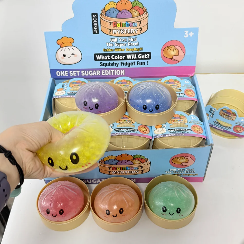 Dumpling Squeeze Toy with Bamboo Steamer, Soft TPR Dough Ball, Realistic Decompression Fidget Toy, Stress Relief Gift - view 6