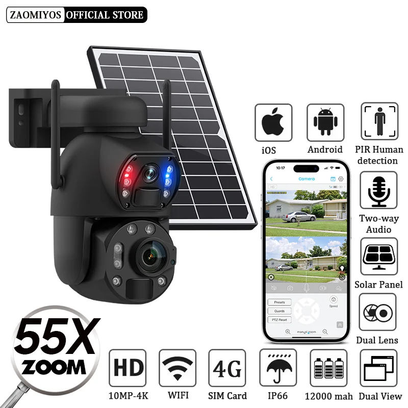 

4K 10MP 4G SIM Solar Camera 55X Optical Zoom Dual Lens Recording Humanoid Tracking Outdoor WIFI Camera Metal Waterproof CCTV Cam