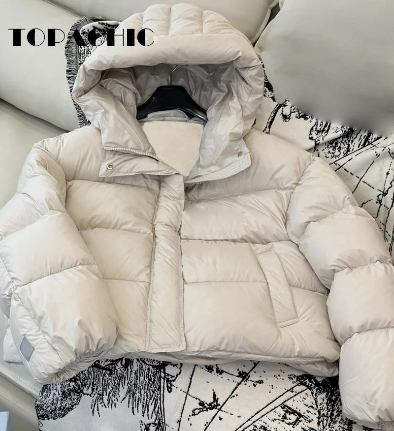 9.4 TOPACHIC Women\'s Quilted Hooded Short Goose Down Jacket  Autumn Winter New Thick Keep Warm Casual Zipper Bread Down Coat