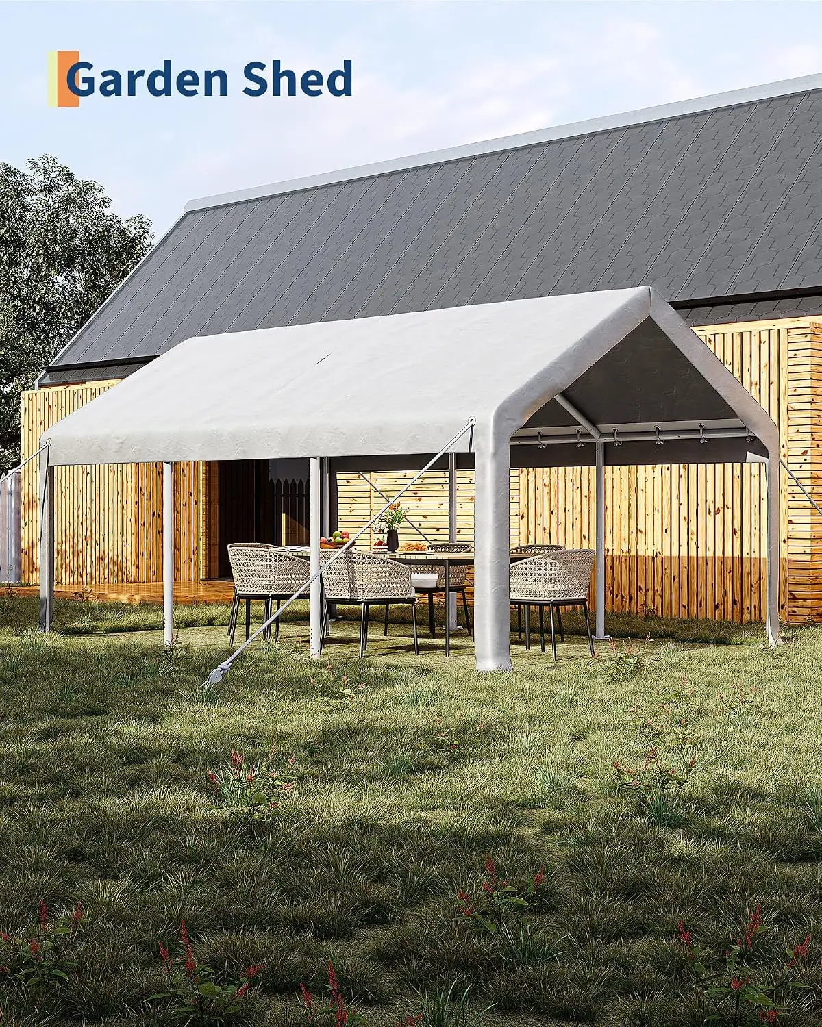 12x20 ft Portable Garage, Car Port with 200 g PE Tarp Canopy, with 2 Roll-Up Doors and 4 Windows, for Temporary, Customized