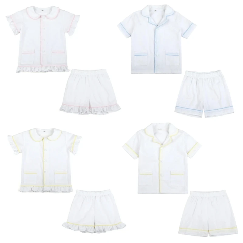 Spring Summer Children Pajamas Sets Baby Girls Boys Homewear Sibling Outfits White Seersucker Soft Kids Long Sleeve Pyjamas Set