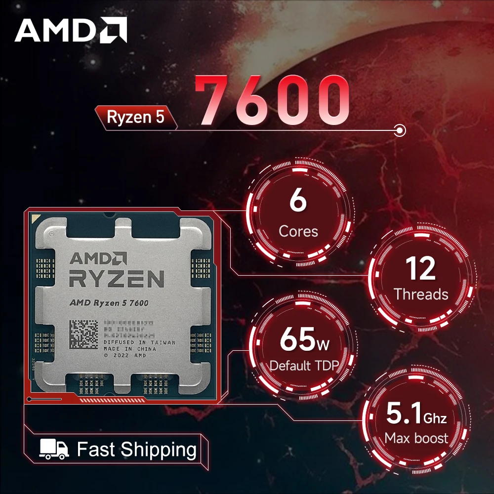 AMD Ryzen 5 7600 3.8GHz 6-Core 12-Thread R5 7600 Socket AM5 65W 5NM L3=32M Processor DDR5 No Fan