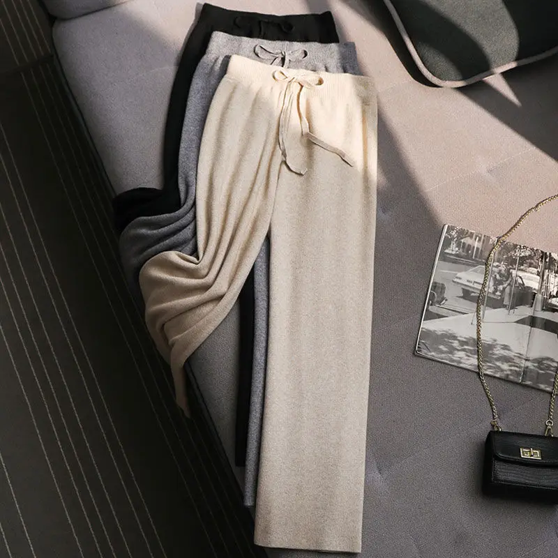 

Осень-зима, женские теплые вязаные широкие брюки с высокой талией, прямые брюки для женщин, однотонные свободные широкие брюки CQ88