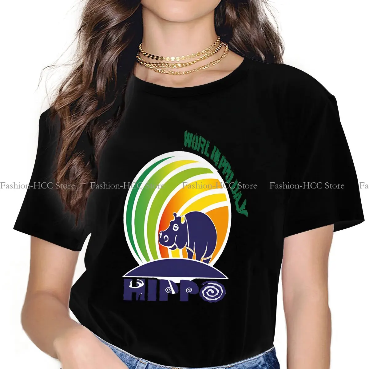 Hippo Day Round Collar Polyester TShirt Hippo Basic T Shirt Woman's Clothes Individuality