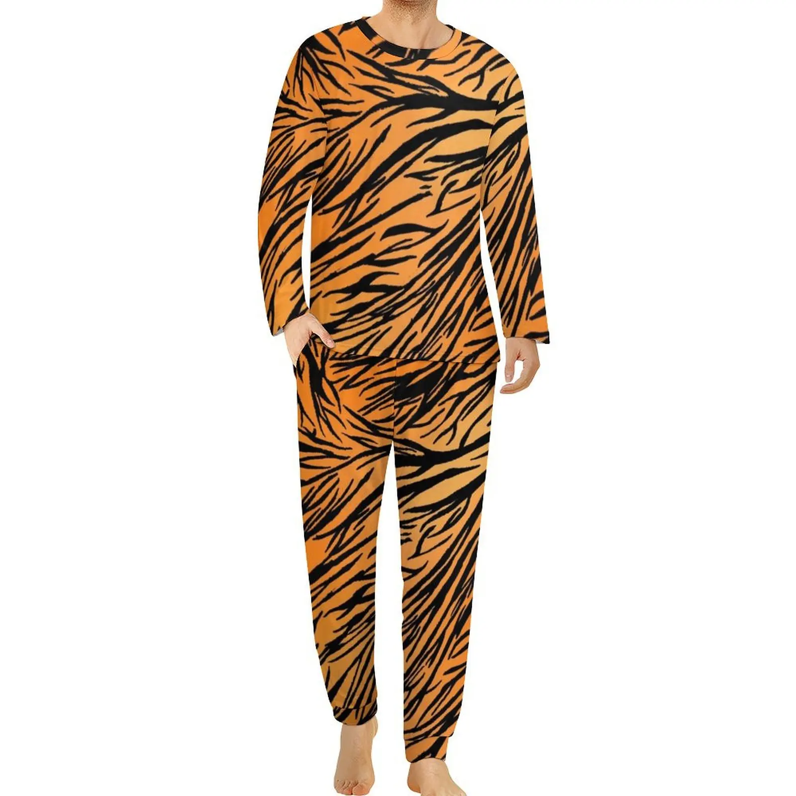 Cool Tiger Print Pajamas Spring 2 Pieces Black Stripes Warm Pajamas Set Men Long Sleeve Sleep Graphic Nightwear Large Size 6XL