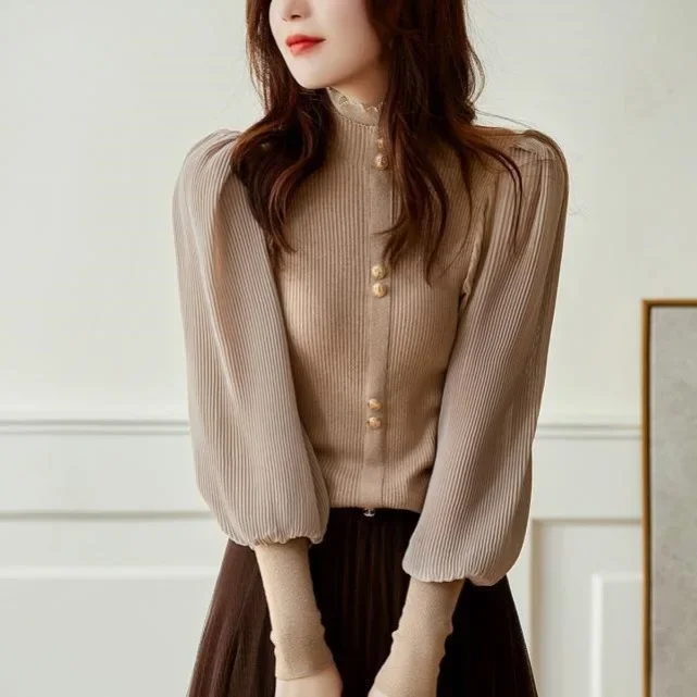 Shirt Tops Women Lantern Sleeve Half High Collar Blouse Shirts Patchwork Loose Pullover Basics Spring Work Slight Strech Elegant