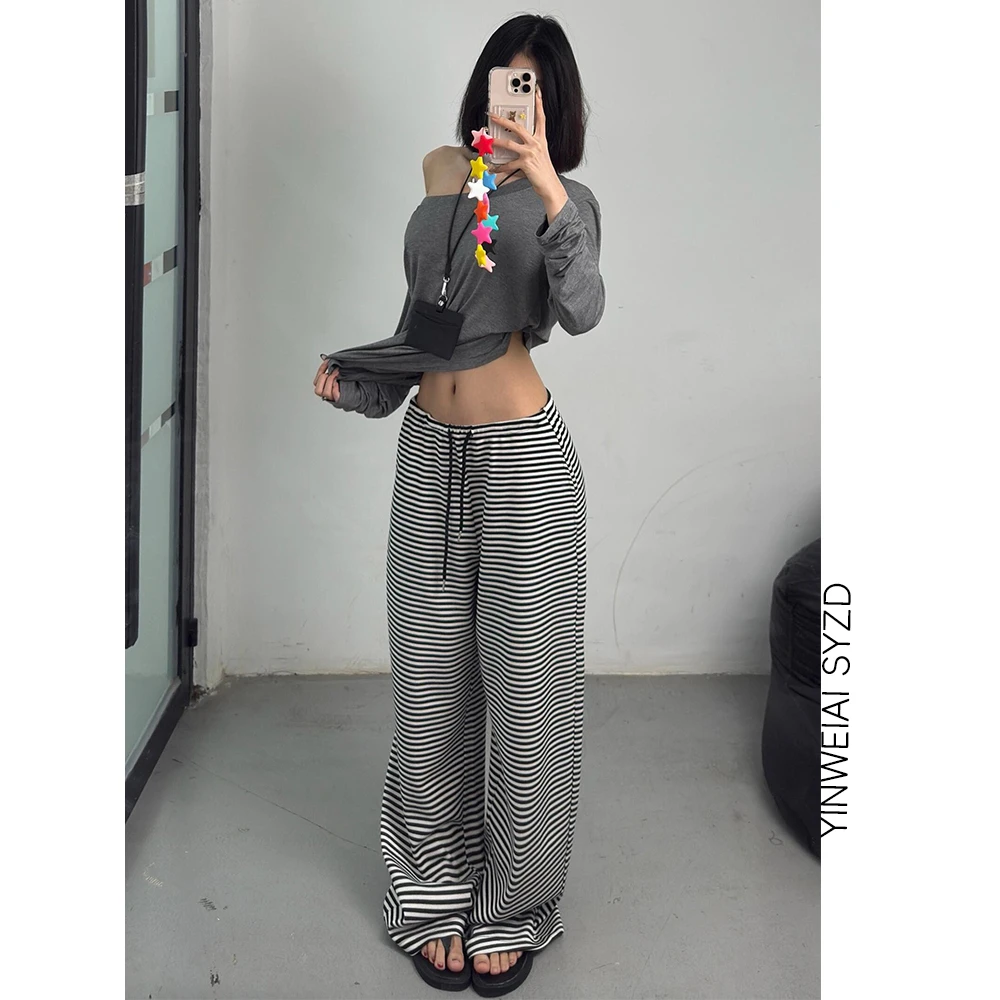 High Waist Wide Leg Pants Women's Summer 2026 New Lazy Style Loose Casual Small Size Floor-Length Pants Stripe Pattern