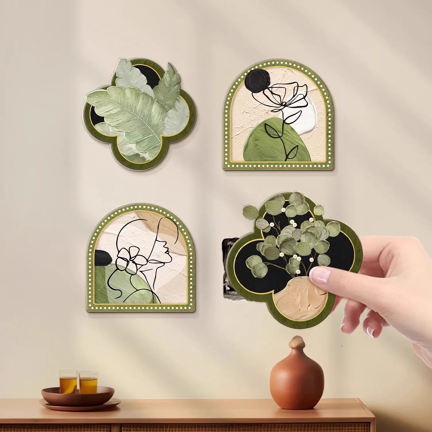Cream Green Decorative Wall Hole Cover Stickers Ins Minimalist Line Art Leaf Patch Decals Removable Wall Plug Hole Concealer for Apartment Home Decor