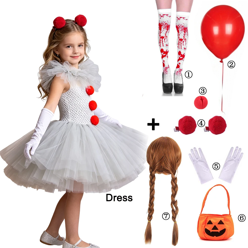 Kids Horror Circus Clown Fancy Dress Puffy Decor Tutu Gown Blood‑Print Socks Halloween Masquerade Cosplay Costume Set