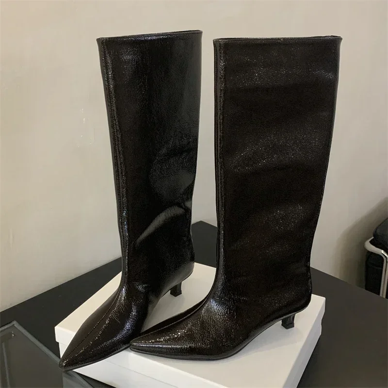Aneikeh Autumn Winter Street Style Sexy Pointed Toe Thin Low Heels Women Knee-High Boots Casual Party Shoes Long Botas Mujer